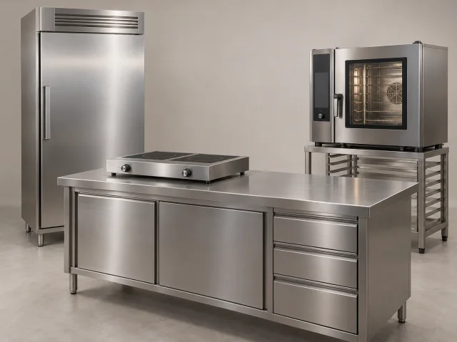 Representative grouping of a commercial refrigerator, combi oven and preparation counter