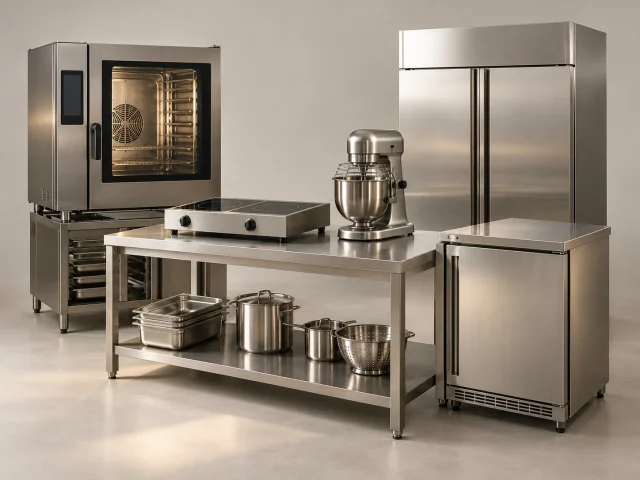 Representative collection of stainless-steel commercial ovens, refrigeration and preparation equipment