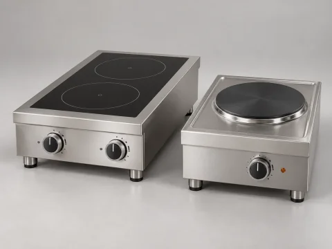 Representative stainless-steel induction hob and electric hot plate
