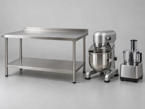 Representative stainless-steel preparation table, mixer and food processor