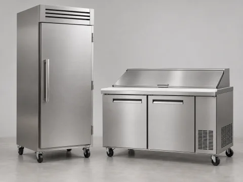 Representative commercial upright refrigerator and refrigerated counter