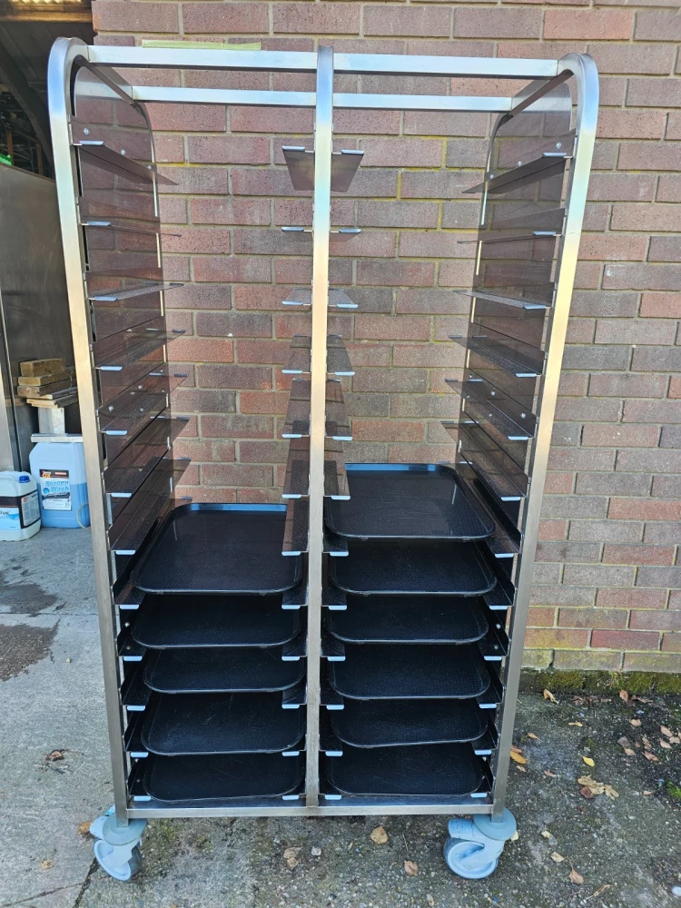 24-Tray Stainless Steel Clearing Trolley with Side Panels and 11 Trays