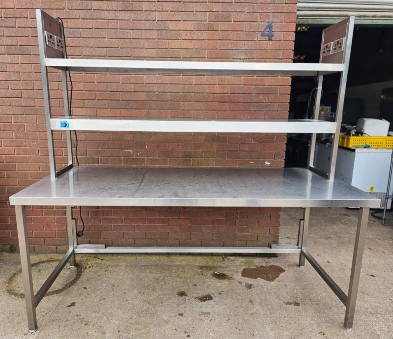 Large Stainless Steel Table with Heated Gantry and Shelf, 220 x 90cm